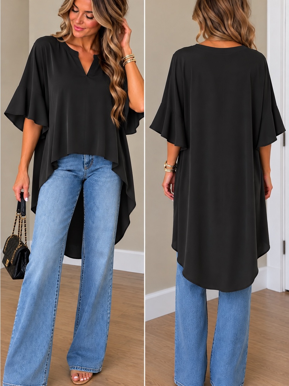 Women’s Black High-Low Flutter Sleeve Tunic Top
